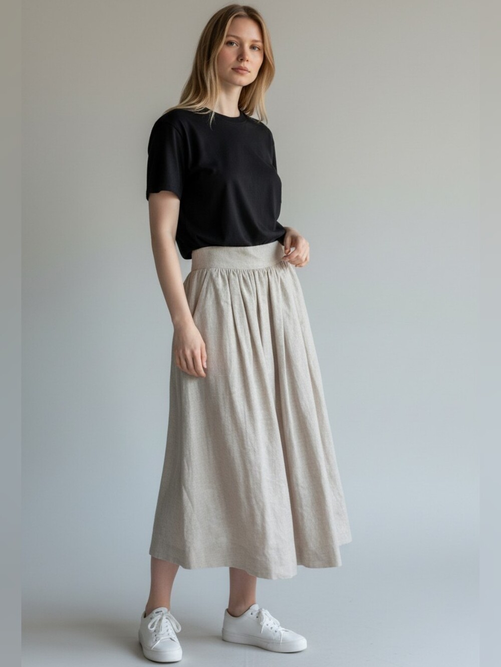Vintage The Talbots 100% Linen Midi Skirt Womens Size 8 Beige Pleated USA Made